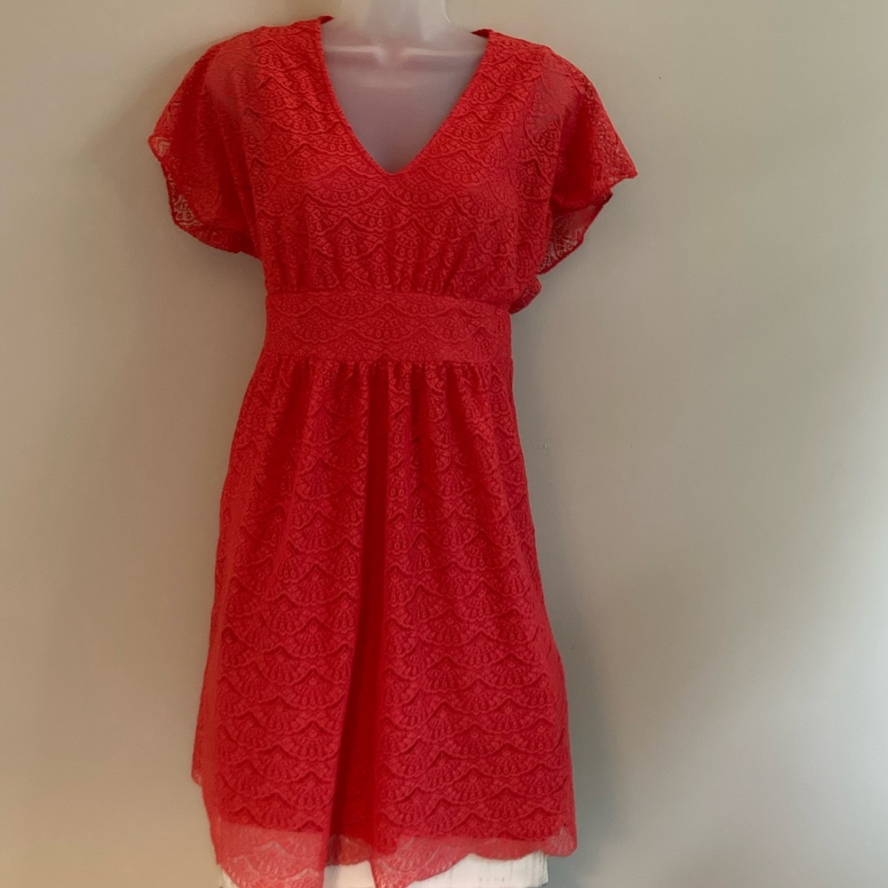 Adrianna Papell Lace Overlay Flutter Sleeve Dress in poppy red